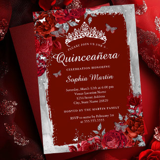 Red Silver Elegant Floral Butterfly Quinceanera Folieneinladung