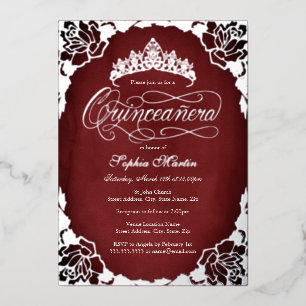 Red Silver Elegante Script Rose Quinceanera Folieneinladung