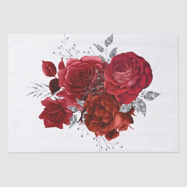 Red Silver Floral Bouquet Wasserfarbe Decoupage Seidenpapier (Vorderseite)