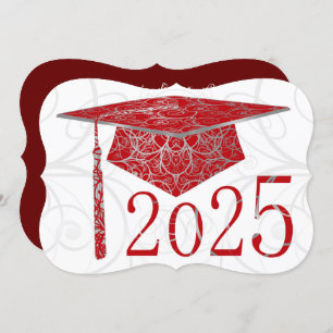 Red & Silver Floral Cap 2025 Graduation Party Einladung