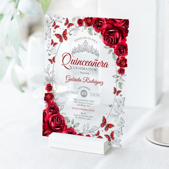 Red Silver Floral Quinceanera Acryleinladungen (Von Creator hochgeladen)