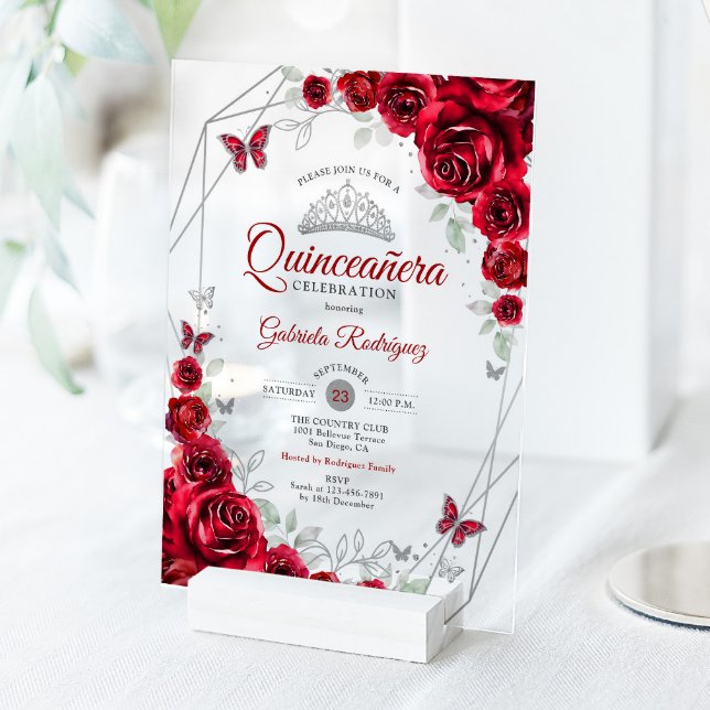 Red Silver Floral Quinceanera Acryleinladungen (Von Creator hochgeladen)