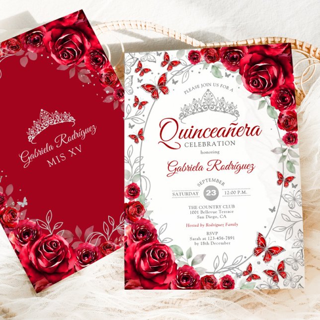 Red Silver Floral Quinceanera Einladung (Von Creator hochgeladen)