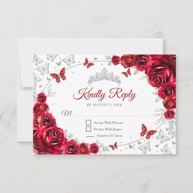 Red Silver Floral Quinceanera Reply RSVP Karte (Vorderseite)