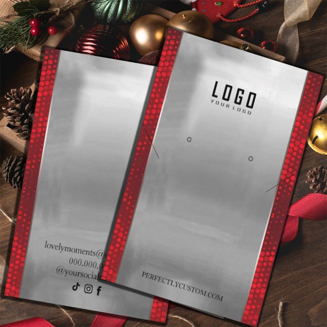 Red Silver Frame Moderne Halsketten Ohrringe Visitenkarte (#zazzlemade #silverandred #earringsdisplaycards #fauxred #Christmas #newyear #party #glitterred)