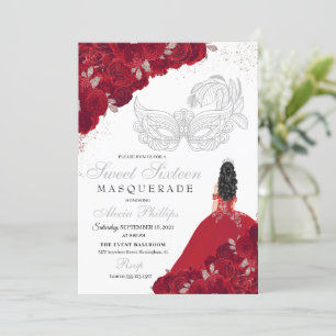 Red & Silver Glitzer Sweet 16 Masquerade Einladung