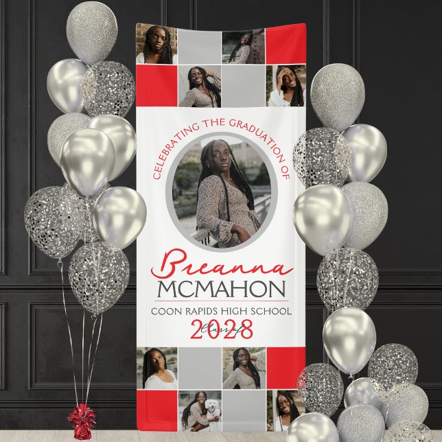 Red & Silver Grau 9 Foto Collage Abschluss Vinyl Banner (Red and Silver Gray 9 Photo Indoor or Outdoor  Graduation Picture Banner)
