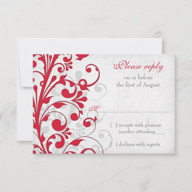 Red Silver Grey Floral Wedding RSVP Antwort (Vorderseite)