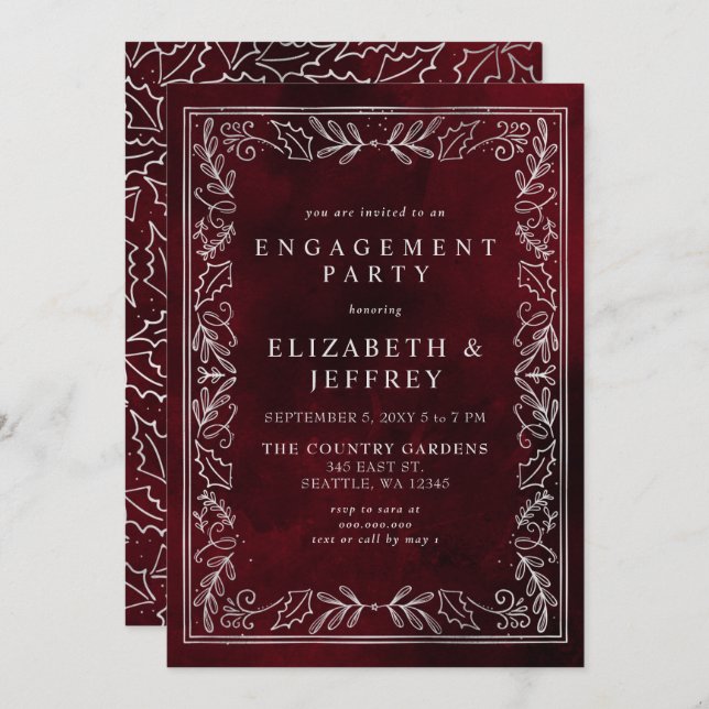 Red Silver Holly Weihnachts-Engagement Partei Einladung (Vorne/Hinten)