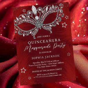 Red Silver Masquerade Mask Star Quinceanera Folieneinladung