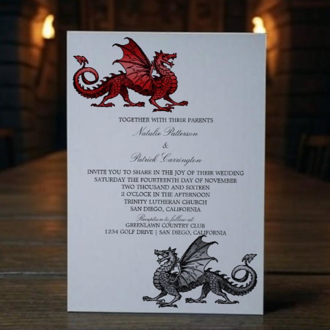 Red Silver mittelalterlicher Dragon Wedite Einladu Einladung (Red Silver Medieval Dragon Wedding Invite)
