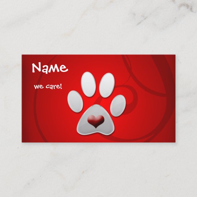 Red Silver Paw Heart Pet Visitenkarte (Vorderseite)
