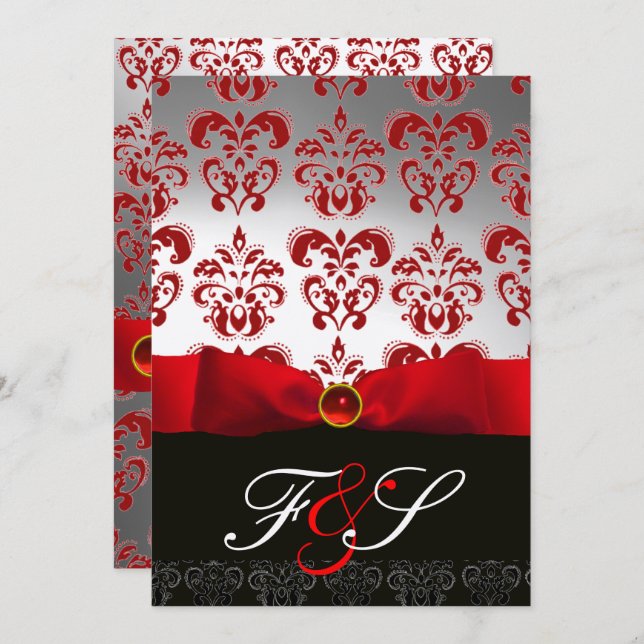RED SILVER RIBBON & BLACK DAMASK MONOGRAMM Ruby Einladung (Vorne/Hinten)