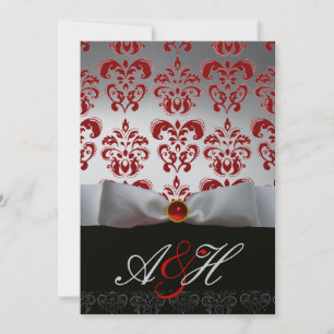 RED SILVER RIBBON & BLACK DAMASK MONOGRAMM Ruby Einladung