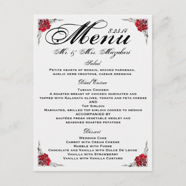 Red Silver Rose Wedding Dinner Menu Thank you Note Postkarte (Vorderseite)