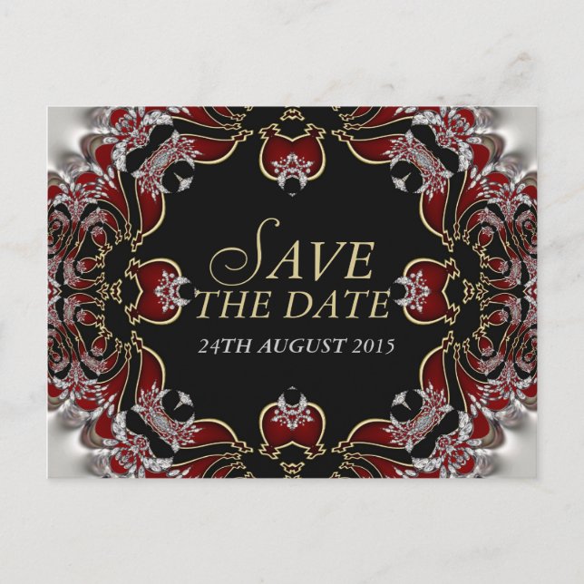Red+Silver Satin Save the Date Postkarte (Vorderseite)