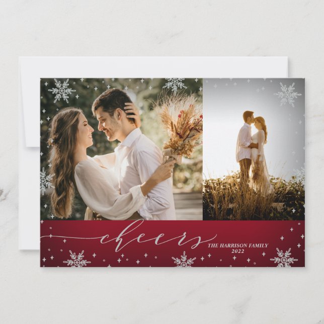 Red & Silver Schneeflocken 2 Fotos Frohe Weihnacht Karte (Vorderseite)