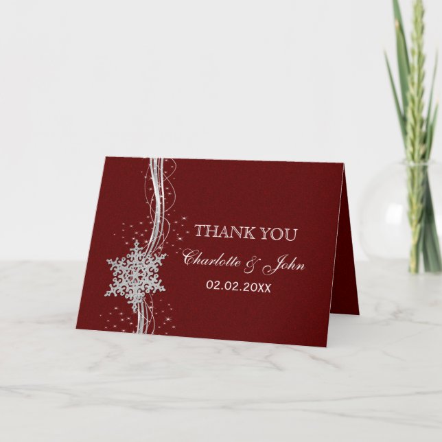 Red Silver Snowflakes Winterhochzeit Danke (Vorderseite)