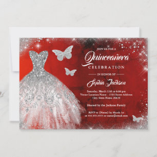 Red Silver Sparkle Dress Butterfly Quinceanera Einladung