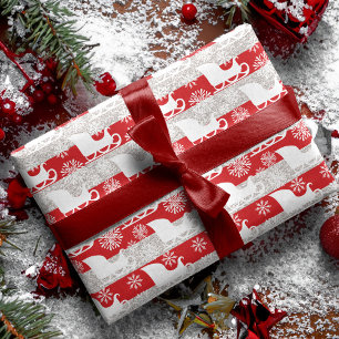 Red & Silver Stripe Snowflake & Santa Sleigh Geschenkpapier Set