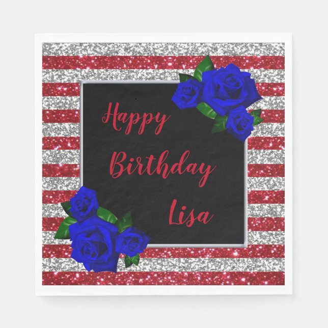 Red Silver Stripes Glitzer Deep Blue Rose Geburtst Serviette (Vorderseite)