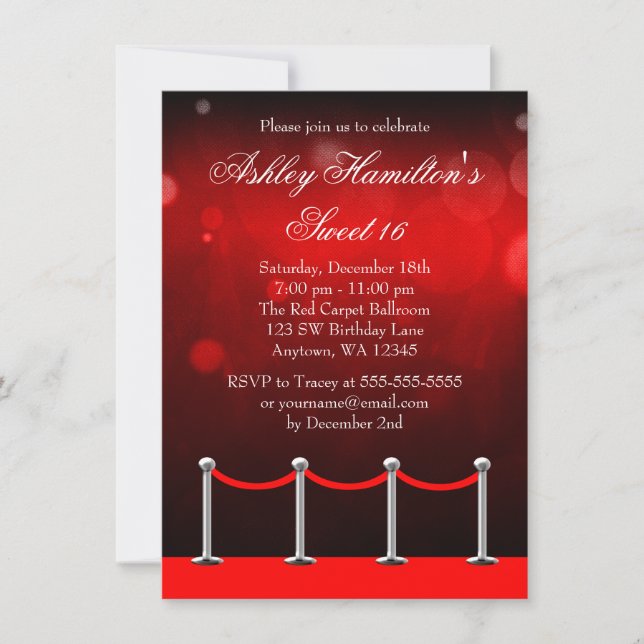 Red Silver Teppich Hollywood Sweet 16 Geburtstag Einladung (Vorderseite)