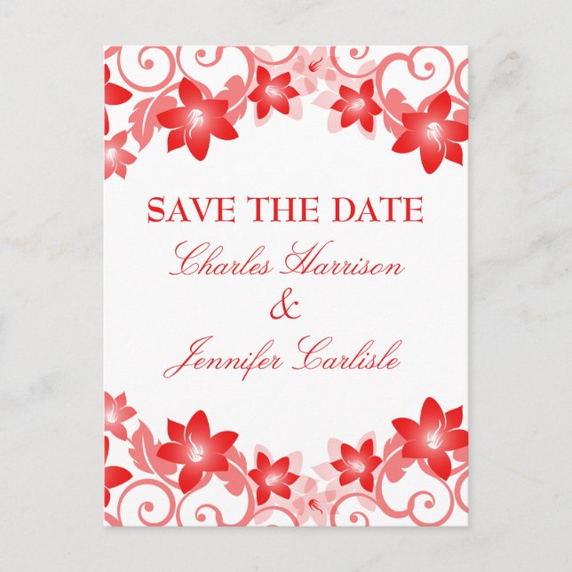 Red Simple Floral Save the Date Postcard Ankündigungspostkarte (Vorderseite)