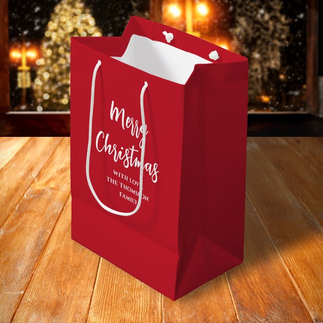 Red Simple MerChristmas Custom Mittlere Geschenktüte (Merry Christmas Whimsy calligraphy simple red gift bag)