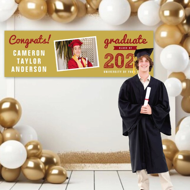 Red Sketch 2025 Glückwunschs Foto Graduation Party Banner (2024 Gold And Red Sketch, One Photo Modern Graduation Party Banner @ www.zazzle.com/color_therapy)