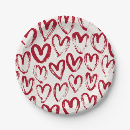 Red Sketch Heart Patterns Hand-Drawn Doodle-Style Pappteller