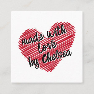Red Sketchy Heart "Made with Liebe" Quadratische Visitenkarte