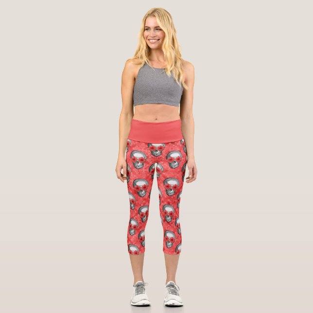 Red Skulls and Sunflower Series Design 13 Capri Leggings (Vorderseite)