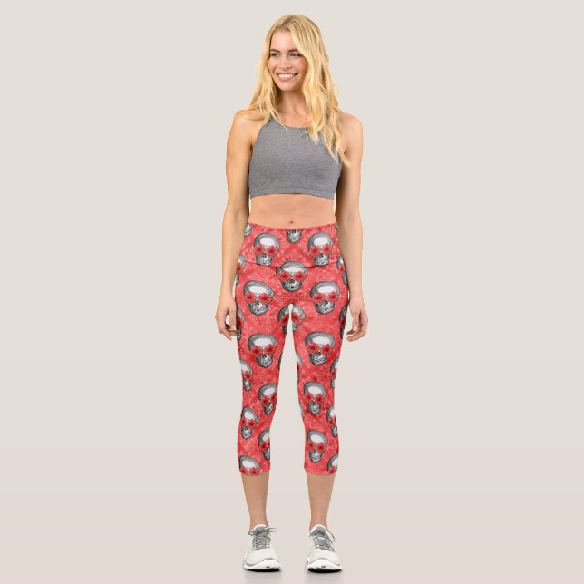 Red Skulls and Sunflower Series Design 13 Capri Leggings (Vorderseite)
