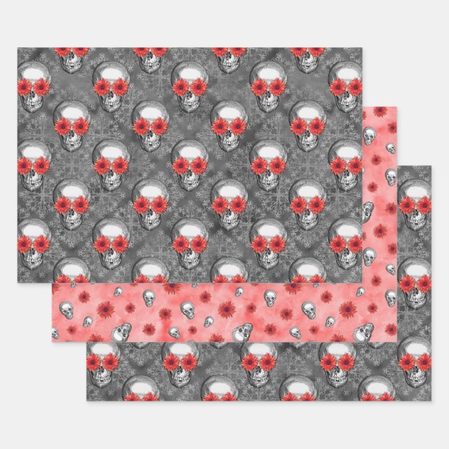 Red Skulls and Sunflower Series Design 3 Geschenkpapier Set (Set)