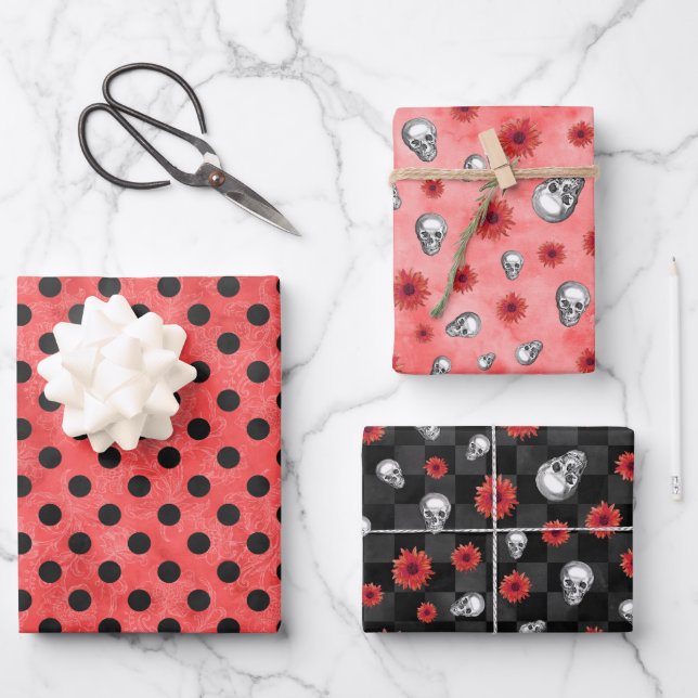 Red Skulls and Sunflower Series Design 4 Geschenkpapier Set (Vorderseite)