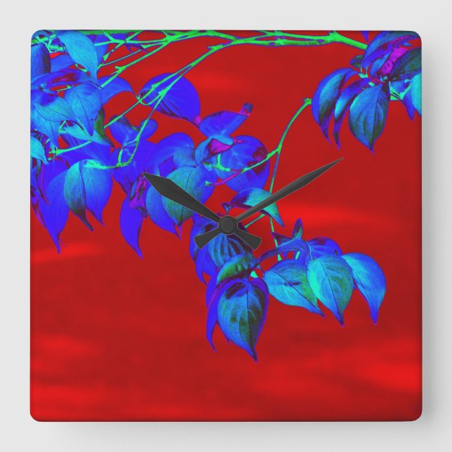 Red Sky Blue Blätter Wall Clock Quadratische Wanduhr (Vorderseite)