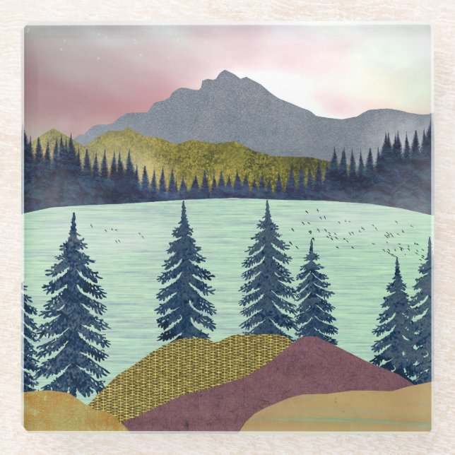 Red Sky Lake Landschaft Glasuntersetzer (Vorderseite)