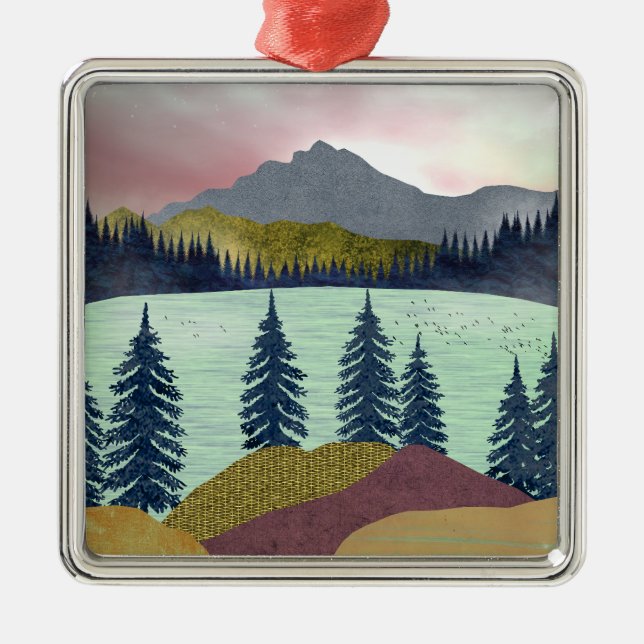 Red Sky Lake Landschaft Ornament Aus Metall (Vorne)