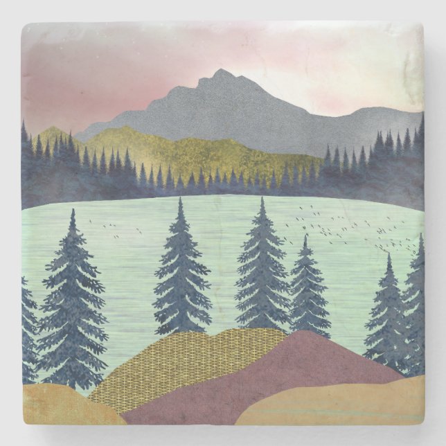 Red Sky Lake Landschaft Steinuntersetzer (Vorderseite)