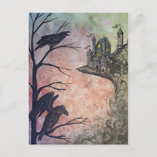 Red Sky Ravens und Castle Postcard Postkarte (Vorderseite)