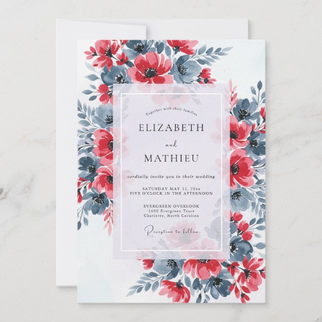 Red Slate Blue Dramatic Floral Wedding Einladung (Vorderseite)