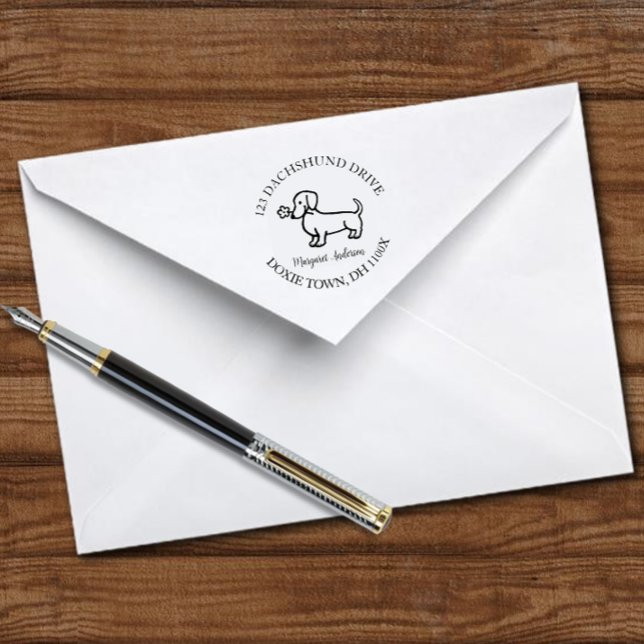 Red Smooth Dackel Cartoon Rücksendeadresse Permastempel (Red Smooth Dachshund Cartoon Return Address Self-inking Stamp for Doxie Owners.  Cute Cartoon.)