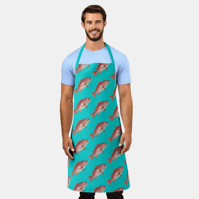 Red Snapper Pattern Turquoise Kitchen Apron Schürze (Getragen)