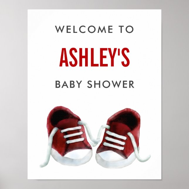 Red Sneakers Baby Dusche Begrüßungszeichen Plakat (Vorne)