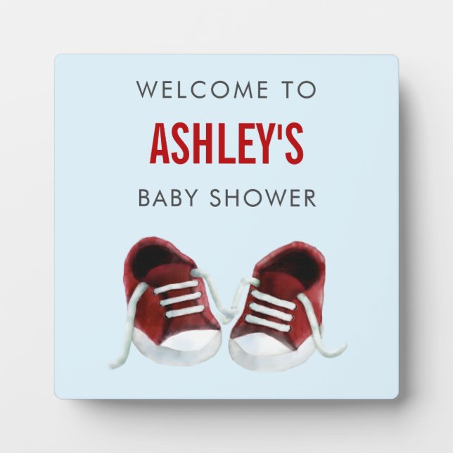 Red Sneakers Baby Shower Welcome Sign Plate Fotoplatte (Vorderseite)