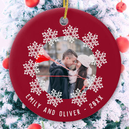 Red Snowflake Frame Couple Keepake Foto Keramik Ornament