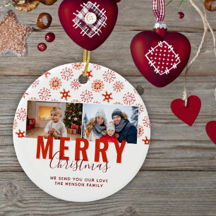 Red Snowflake Frohe Weihnachtsfamilie 2 Fotos Keramik Ornament