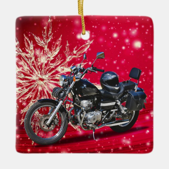 Red Snowflake Motorrad und Helm Weihnachten Keramikornament (Vorderseite)