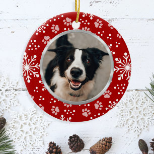 Red Snowflake Paw Pattern Pet Foto Keramik Ornament