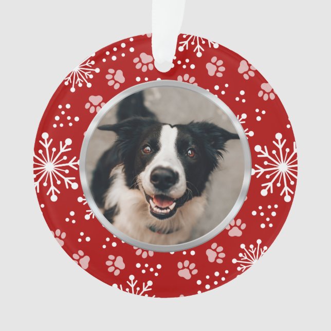 Red Snowflake Paw Pattern Pet Foto Ornament (Vorderseite)